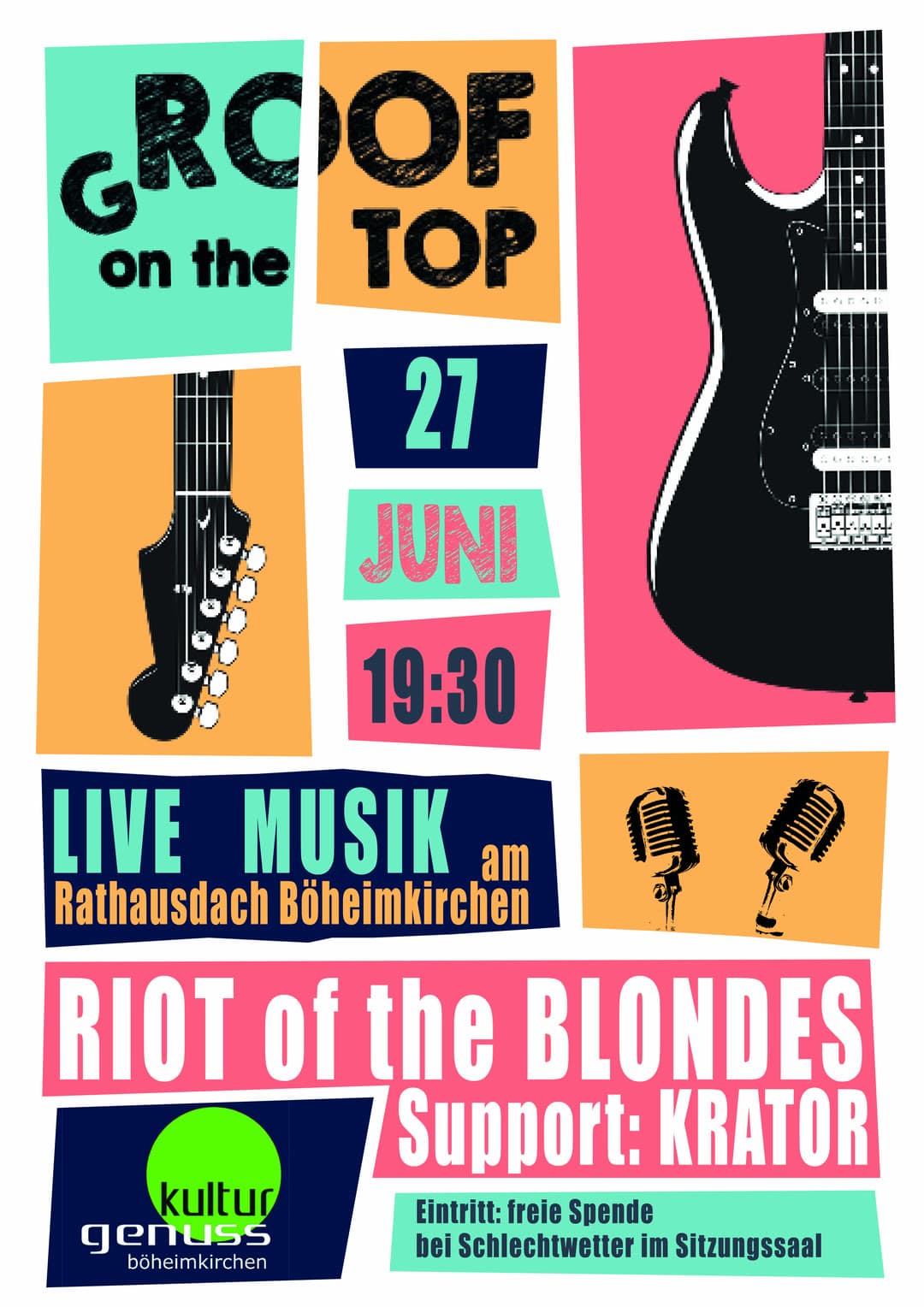 Plakat zum Auftritt „gROOF on the top“ am Freitag, 27. Juni 2025 — Rathausdach Böheimkirchen, Böheimkirchen